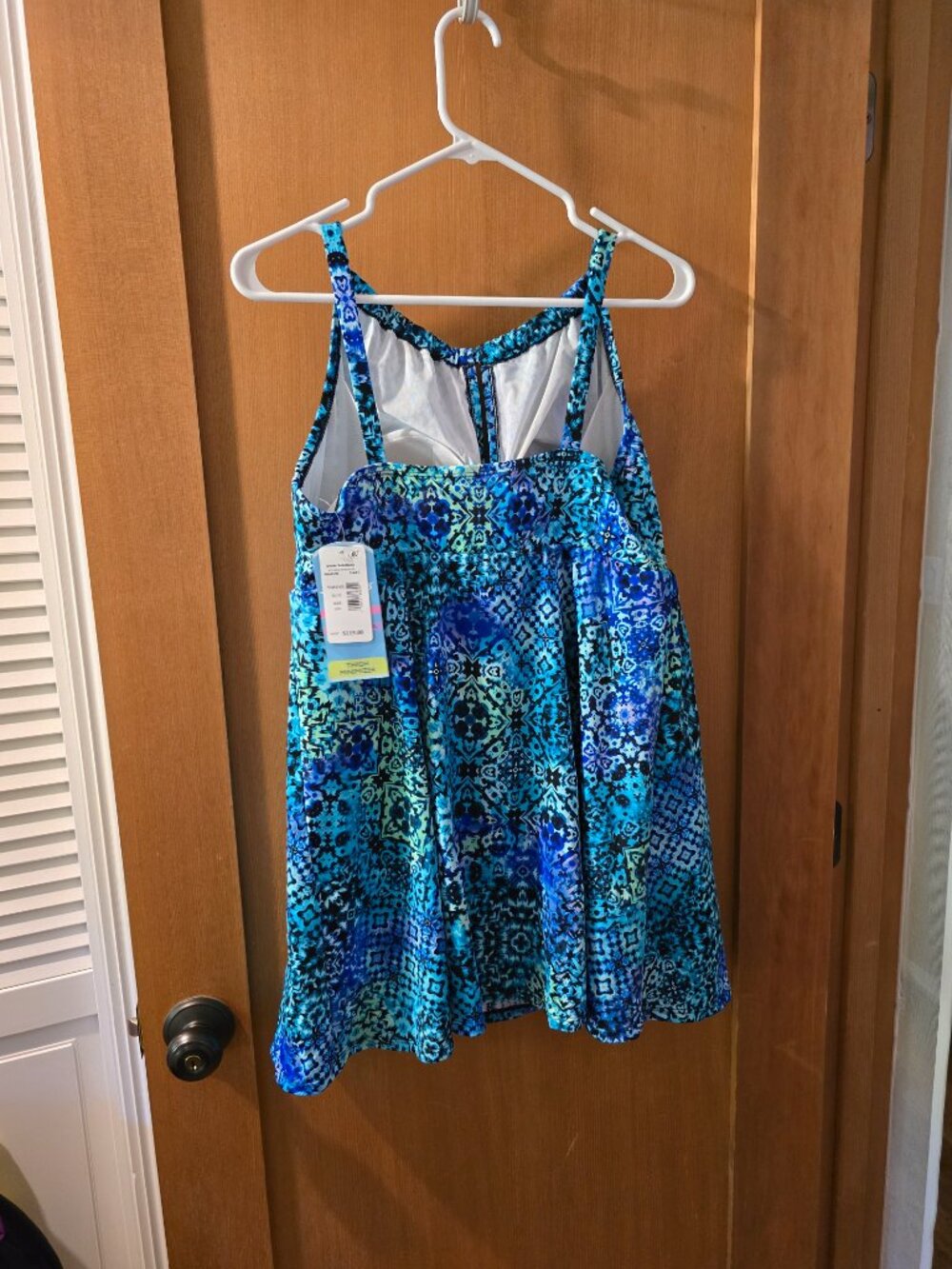 Swim Solutions NWT High Neck Keyhole Tankini Top – Blue Geometric Tile Swimsuit - Picture 6 of 7